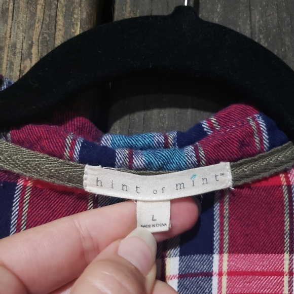 Hint of Mint Lace Back Red Boyfriend Plaid Rolltab Long Sleeve - Picture 6 of 7